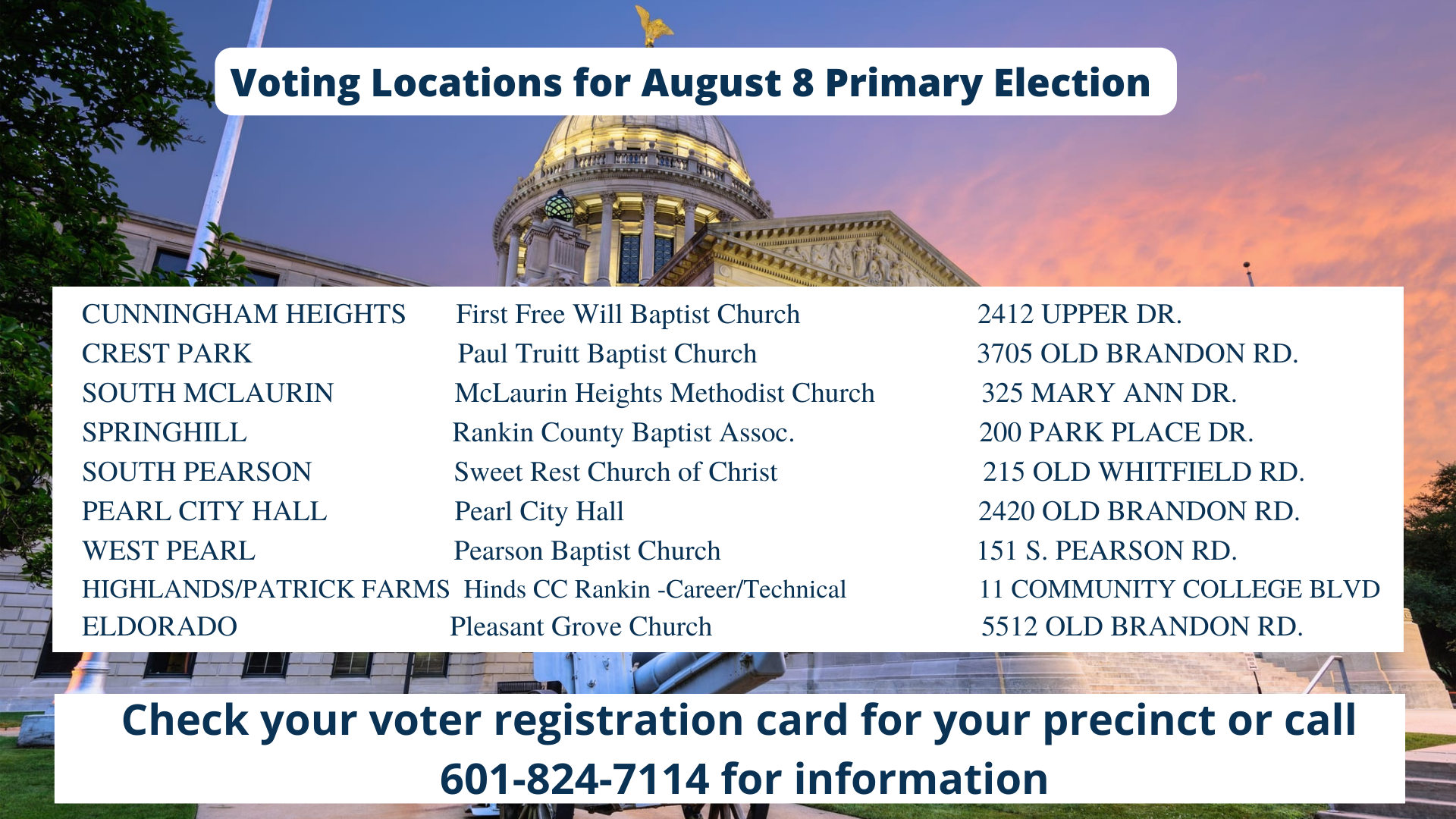 Pearl Voting Locations for August 8th Primary Election